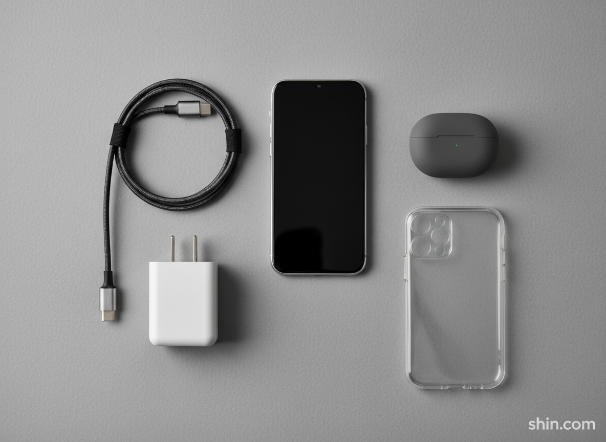 A close-up, photographic view of a modern tech accessories flat lay on a smooth concrete surface in cool grey. At the center lies a sleek silver smartphone, flanked by a braided dark-charcoal charging cable, a compact 30W fast charger with a soft-matte finish, a pair of true wireless earbuds in a pebble-shaped case, and a clear protective phone cover with precise cutouts. Subtle top-down softbox lighting creates gentle shadows and highlights the textures of plastic, metal, and silicone. Captured from a perfectly overhead angle with careful spacing between each item, the composition feels minimalist, professional, and meticulously curated, ideal for an electronics retail catalog image for shin.com.