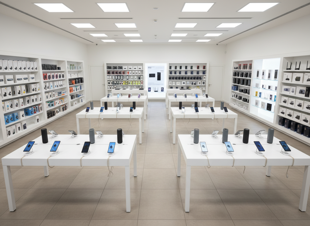 A wide, photographic interior shot of a modern electronics retail showroom in Jordan, featuring long, low white display tables with evenly spaced smartphones, tablets, and sleek Bluetooth speakers tethered in an orderly manner. The background shows illuminated wall shelving with boxed accessories, routers, and smart home gadgets, all organized by size and color. Neutral-toned tile flooring reflects soft, diffused ceiling LED panels that bathe the space in bright, even light. Captured from a slightly elevated angle, the composition leads the eye down the central aisle, conveying a spacious, welcoming, and professional atmosphere while avoiding any people, focusing purely on the products and environment.
