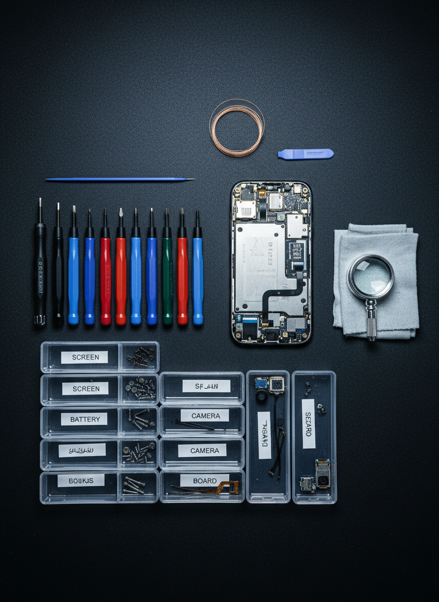 A highly detailed, photographic overhead arrangement of smartphone repair tools and components on a dark, anti-static mat: a disassembled smartphone frame with exposed circuit board, a neatly aligned set of precision screwdrivers, tiny labeled parts trays, and a magnifying loupe. Cool, focused top lighting clearly illuminates the metallic and plastic components, casting crisp, small shadows that enhance the technical feel. The background stays uniformly dark and non-reflective, ensuring the parts stand out sharply. The composition is organized and grid-like, conveying precision, expertise, and reliability, ideal for illustrating professional device servicing or warranty support offered by an electronics retailer in Jordan, without including any hands or human figures.
