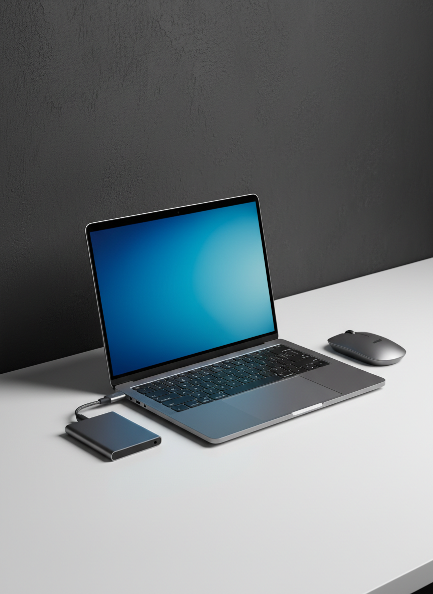 A high-resolution, photographic image of a clean workstation showcasing a slim laptop in space-grey with a luminous screen displaying a simple blue gradient, a matching wireless mouse, and a compact external SSD drive connected by a braided USB-C cable. All items rest on a smooth, matte white desk surface with a dark charcoal wall as the backdrop. Soft, diffused front lighting eliminates harsh shadows while maintaining crisp edges and reflections on the metal surfaces. Captured at a slight diagonal from an elevated angle, the composition is balanced and uncluttered, exuding a professional, tech-savvy atmosphere suitable for promoting computing and storage products at an electronics retailer in Jordan.