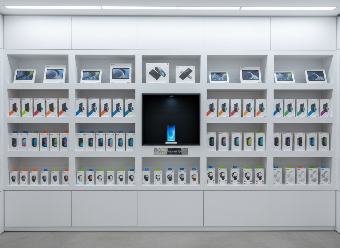 A neatly organized white retail display wall featuring rows of boxed smartphones, tablets, and accessories, each package designed with minimalist graphics and bold color accents, arranged with perfect alignment. At the center, a recessed niche showcases a single illuminated phone on a small matte black stand. Cool, even overhead LED lighting creates a bright, shadow-free environment, while subtle reflections appear on the glossy packaging surfaces. Shot from a straight-on perspective with sharp focus across the entire frame, the mood is professional, orderly, and trustworthy. The photographic style emphasizes clarity and precision, ideal for conveying an organized, high-end electronics shop in Jordan without any human presence.