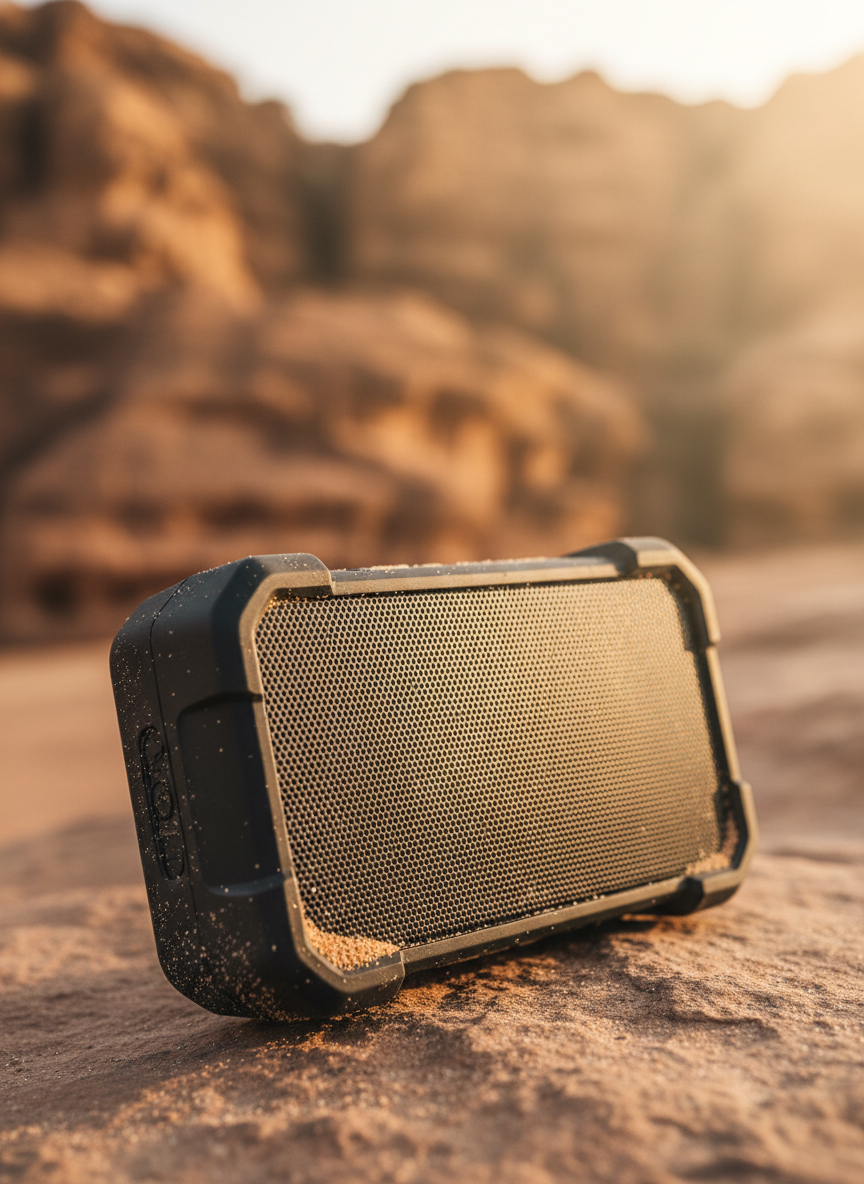 A photographic, low-angle close-up of a rugged outdoor Bluetooth speaker in deep charcoal with textured rubber edges and a perforated metal grille, resting on a mildly dusty rock surface. Fine sand particles cling to the rubber, emphasizing durability. The background suggests a blurred rocky landscape with warm, earthy tones reminiscent of Jordan’s outdoor scenery. Golden-hour sunlight from the side creates warm highlights, elongated soft shadows, and a subtle glow around the speaker’s edges. The composition uses the rule of thirds and a shallow depth of field, establishing a bold, adventurous yet professional mood, perfect for marketing tough, portable gadgets in an electronics retail context.