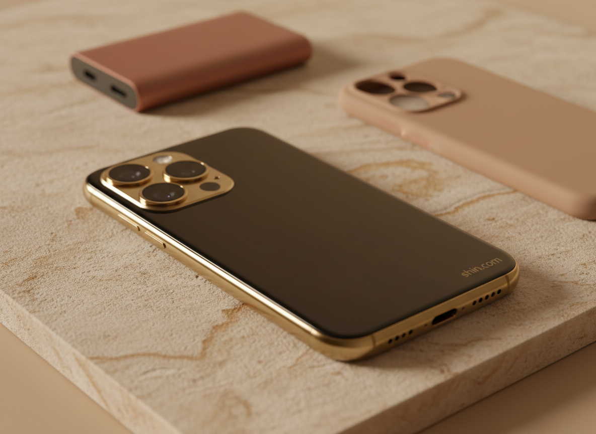 An elegant, photographic close-up of a premium smartphone in desert-gold finish, placed on a fine-grain sand-colored stone slab that subtly evokes Jordan’s landscape. The phone’s triple-lens camera module with polished metal rings catches a gentle, warm side light, creating soft highlights and controlled shadows along its curved edges. In the softly blurred background, a wireless power bank and slim protective case in complementary earthy tones rest on the same stone texture. Shot from a low three-quarter angle with a shallow depth of field, the mood is refined and regionally grounded, blending cutting-edge electronics with a subtle nod to Jordan’s natural colors for shin.com branding imagery.