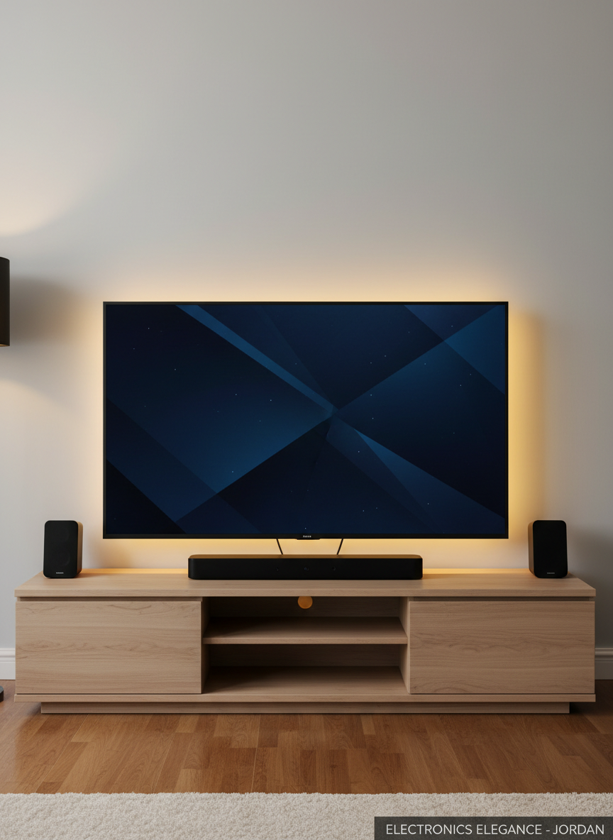 A rich, photographic overhead scene of a home entertainment setup featuring a slim 4K TV with ultra-thin bezels placed on a minimalist wooden media console in light oak, accompanied by a compact black soundbar and a pair of small wireless surround speakers. The TV screen displays a subtle abstract dark-blue interface rather than identifiable content. Warm ambient LED backlighting behind the TV glows softly against a smooth light-grey wall, while a subtle floor lamp off-frame adds gentle side illumination. The mood is cozy yet modern, captured with moderate depth of field and a composed, symmetrical framing that showcases a refined electronics lifestyle vignette for a Jordan-based retailer.