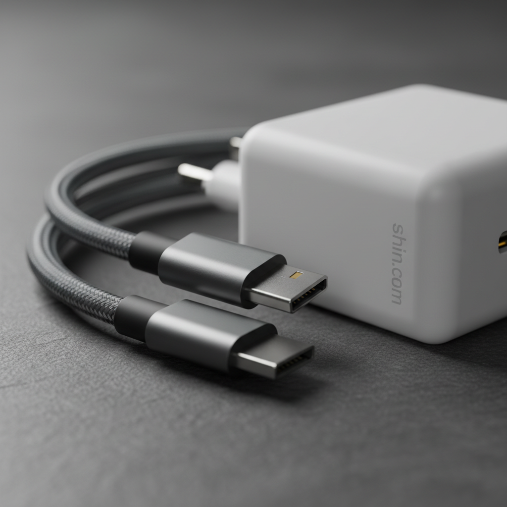A tightly framed, photographic macro shot of a high-quality braided charging cable in graphite grey, coiled neatly beside a GaN fast-charging adapter in matte white with subtle branding. The cable’s woven texture and polished connector tips catch a focused beam of overhead light, producing tiny specular highlights and delicate shadows that emphasize craftsmanship. The background is a blurred slate-grey surface, creating contrast without distraction. Shot with an ultra-shallow depth of field from a low, side angle, the image feels premium, technical, and precise, ideal for highlighting durable accessories in a professional electronics retail catalog for shin.com.