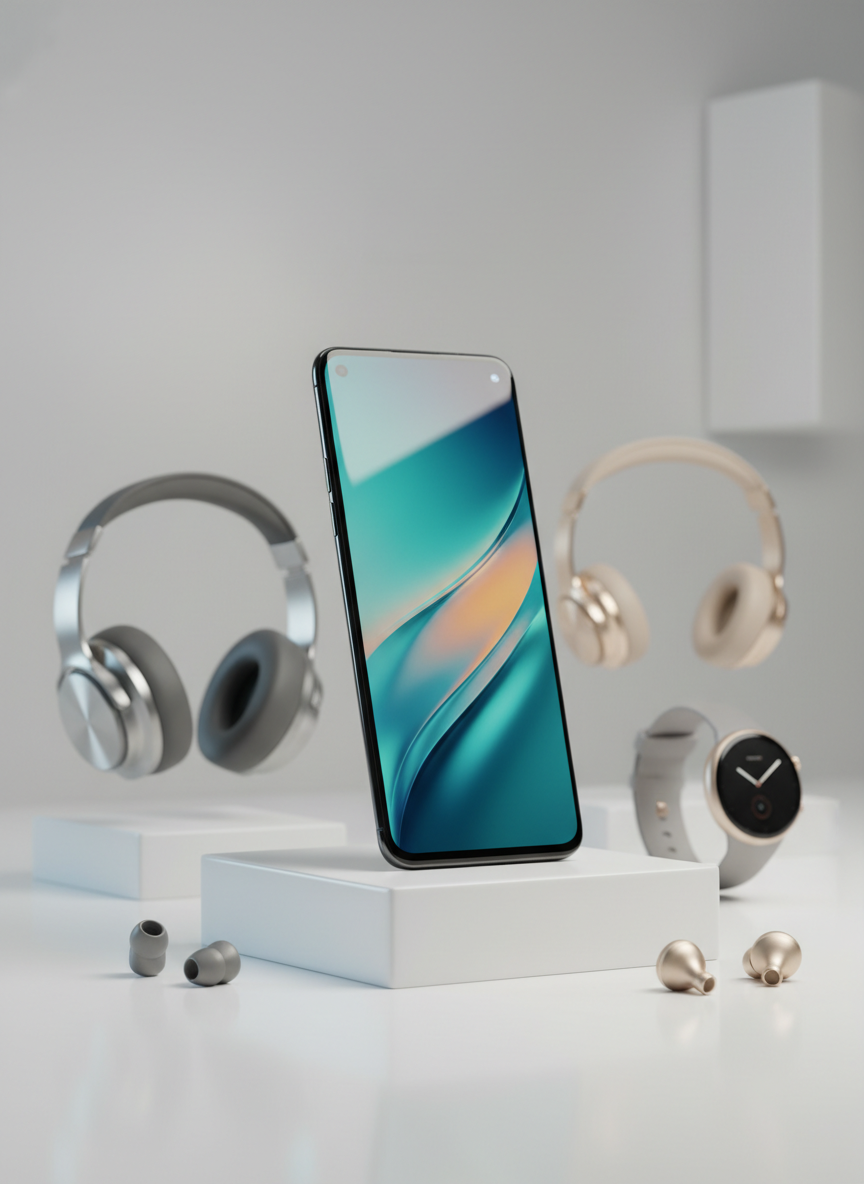 A glossy midnight-black flagship smartphone with a nearly bezel-less OLED display showing a vibrant abstract wallpaper in teal and amber tones, resting at a slight angle on a clean white acrylic pedestal. Around it, subtly blurred silhouettes of premium headphones, smartwatches, and wireless earbuds in neutral metallic finishes create a halo of modern tech. Soft studio lighting from both sides creates crisp reflections along the phone’s polished aluminum frame and gentle gradients across the glass, emphasizing its thin profile. Captured at eye level with a shallow depth of field, the composition feels balanced and spacious, perfect for a professional electronics retail homepage in Jordan, with a photographic realism and clean, modern aesthetic.